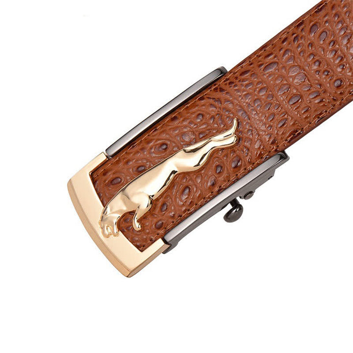 Cintura da uomo in pelle con fibbia automatica leopardata e motivo alligatore