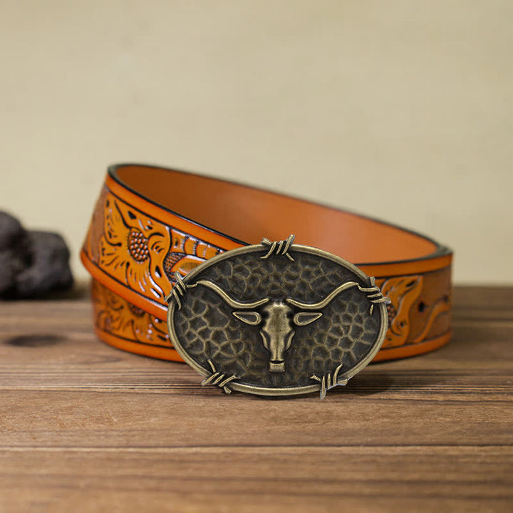 Cintura in pelle con fibbia martellata a forma di testa di toro da cowboy fai da te da uomo
