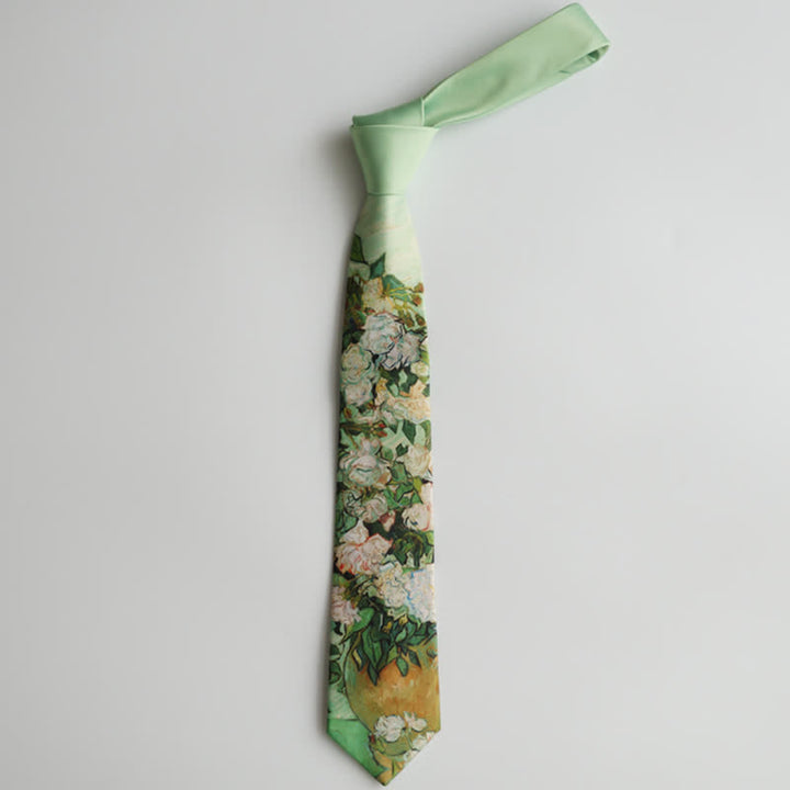 Cravatta floreale da uomo con rose bianche e verde chiaro