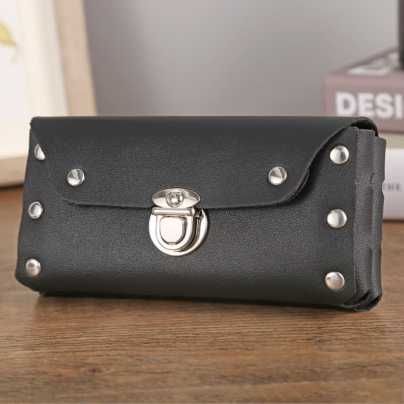 Borsa da cintura in pelle universale per telefono con bottone decorativo a rivetto - Nero - Orizzontale - image 1