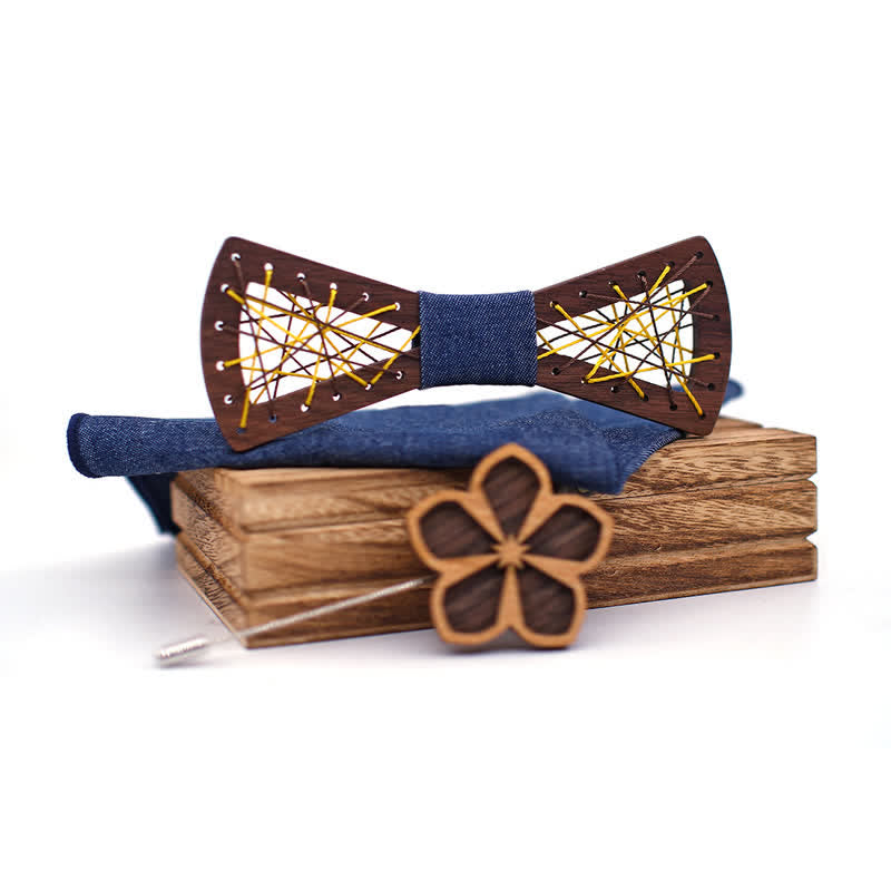 Set di 3 papillon in legno ricamati e intrecciati da uomo