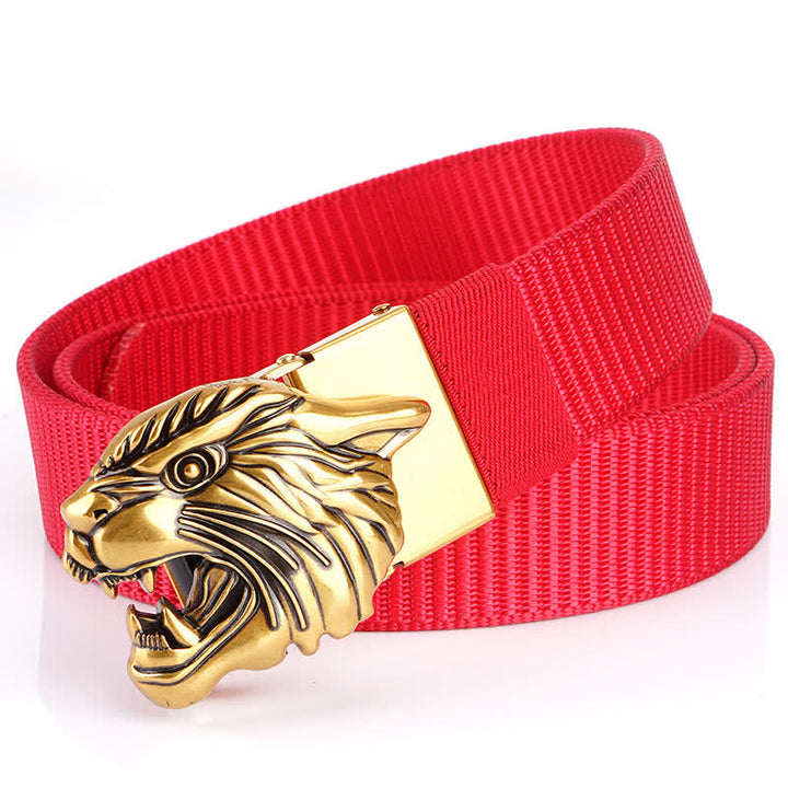 Cintura in nylon con testa di tigre ruggente da uomo - Rosso / Oro - 48" - image 14