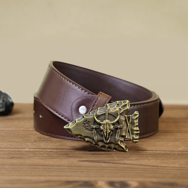 Cintura in pelle con fibbia a forma di toro a forma di punta di freccia fai da te da uomo - Bronzo antico - Cintura PU marrone (40) - image 12