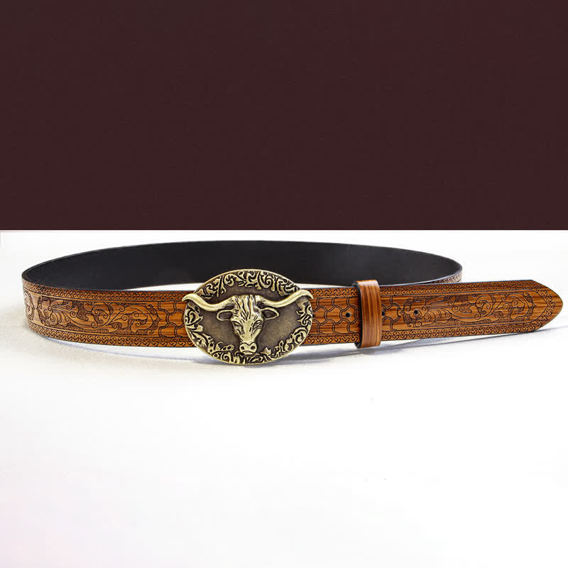 Cintura da uomo in pelle goffrata marrone con testa di toro vintage