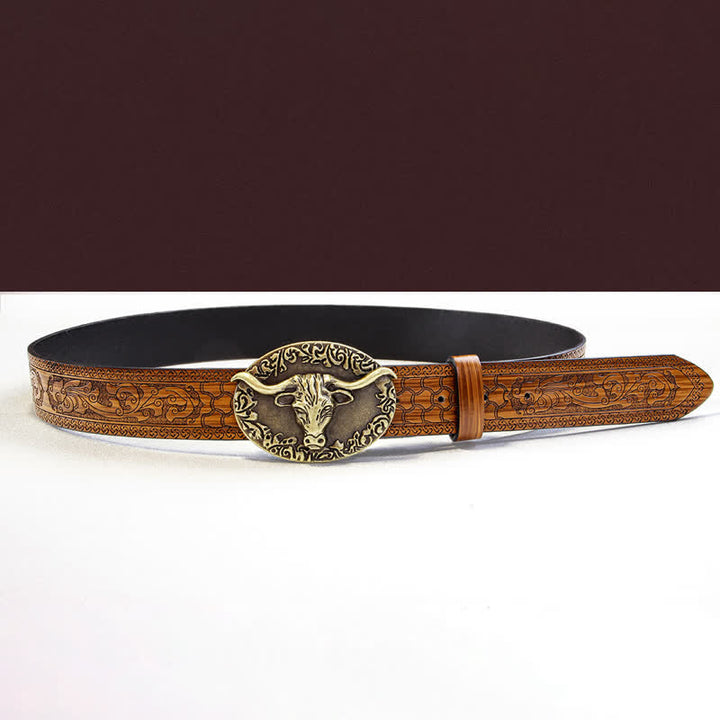 Cintura da uomo in pelle goffrata marrone con testa di toro vintage