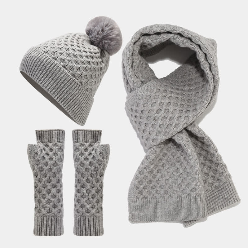 Set di 3 cappelli, sciarpe e guanti lavorati a maglia incrociati da donna