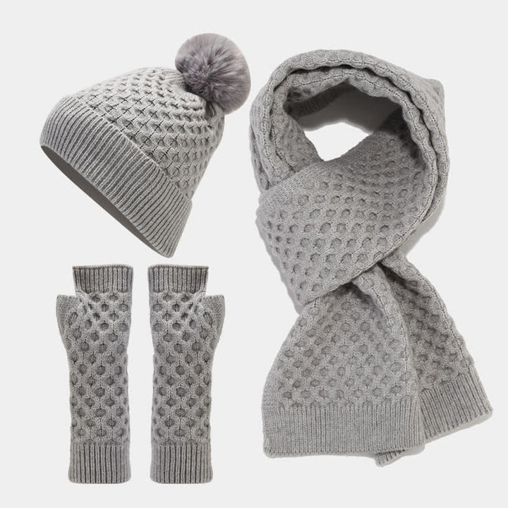 Set di 3 cappelli, sciarpe e guanti lavorati a maglia incrociati da donna