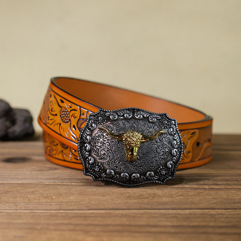 Cintura in pelle fai da te con fibbia in argento anticato Longhorn Bull da uomo