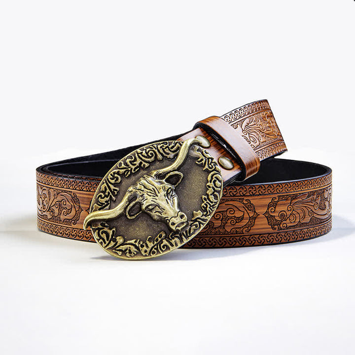 Cintura da uomo in pelle goffrata marrone con testa di toro vintage