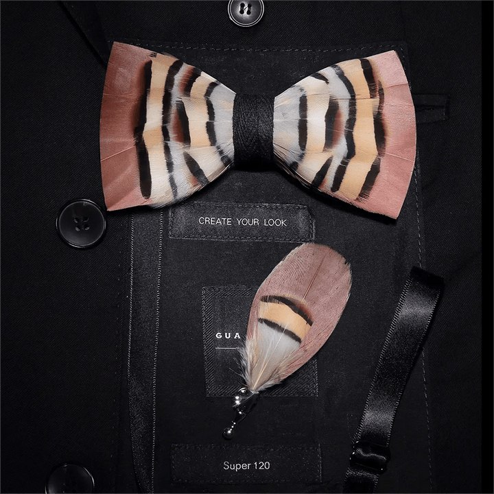Papillon Genius in piume di cincillà marrone e corallo chiaro per bambini con spilla da bavero - Adulto - image 2