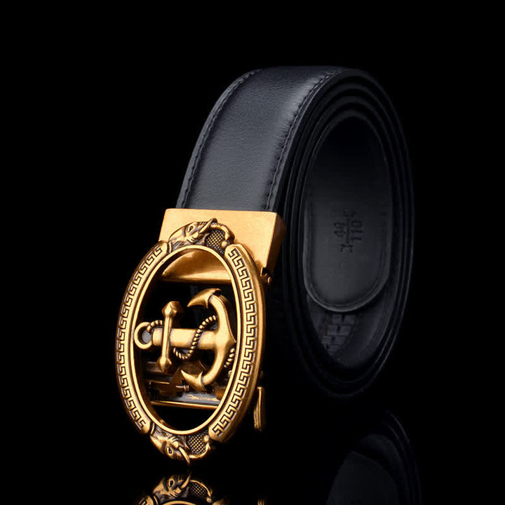 Cintura in pelle con ancora da nave nautica da uomo - Nero e oro - 46 - image 0