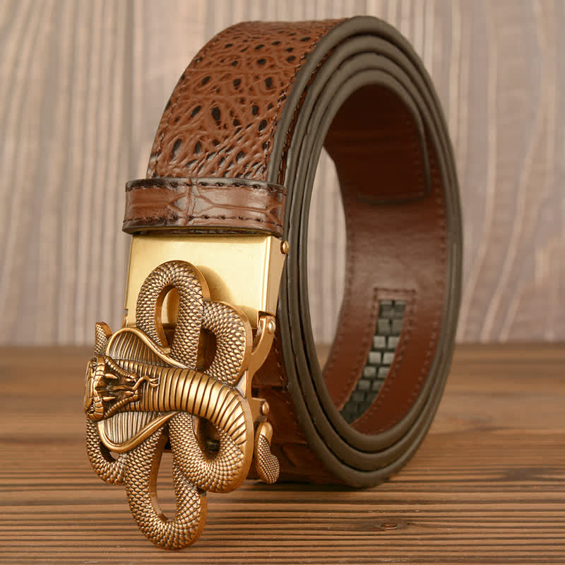 Cintura da uomo in pelle con motivo coccodrillo Cobra arricciato - Oro e marrone - 46 - image 13