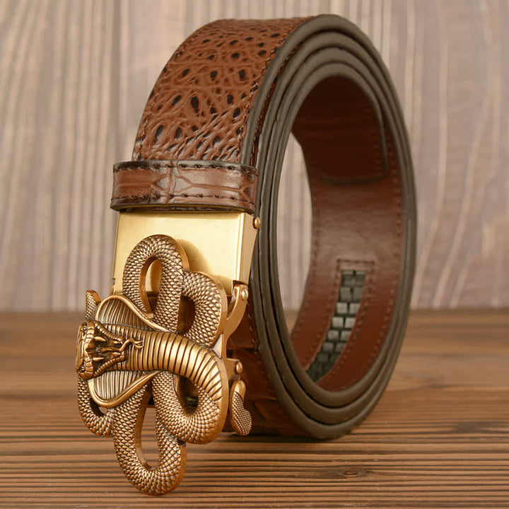 Cintura da uomo in pelle con motivo coccodrillo Cobra arricciato - Oro e marrone - 46 - image 13