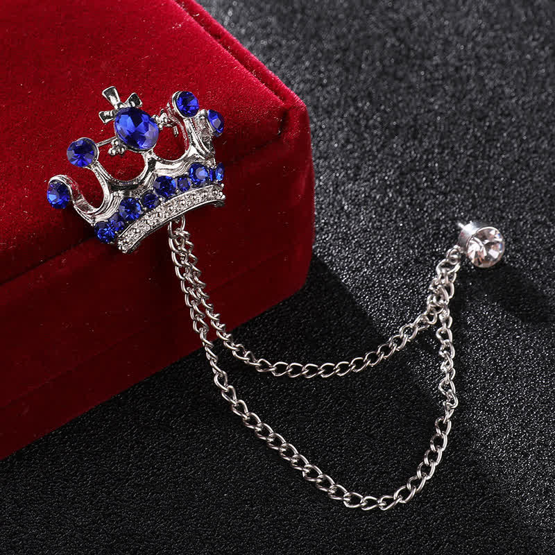 Spilla da uomo con catena a corona retrò e strass - Argento e blu - image 6