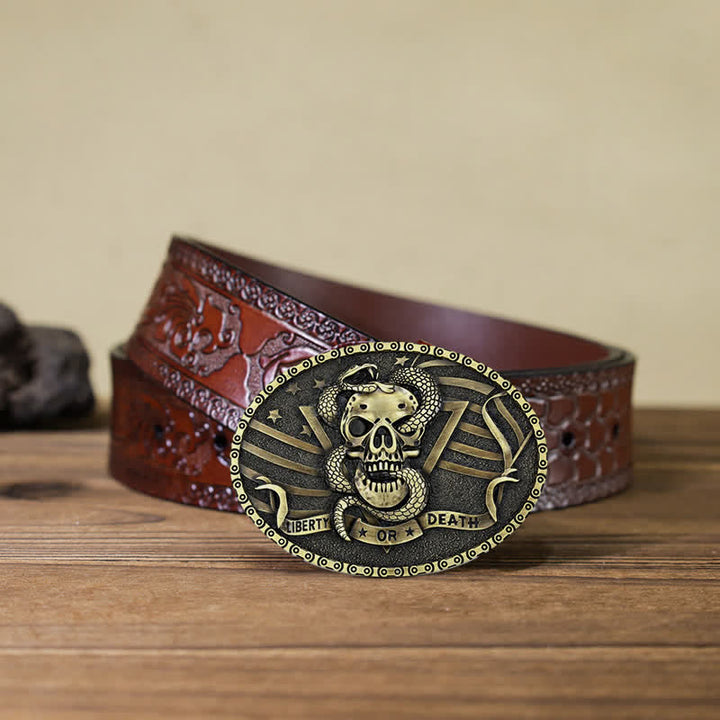 Cintura in pelle fai da te da uomo con fibbia a forma di teschio di serpente "Liberty or Death" - Bronzo antico - Cintura marrone intagliata (40) - image 19