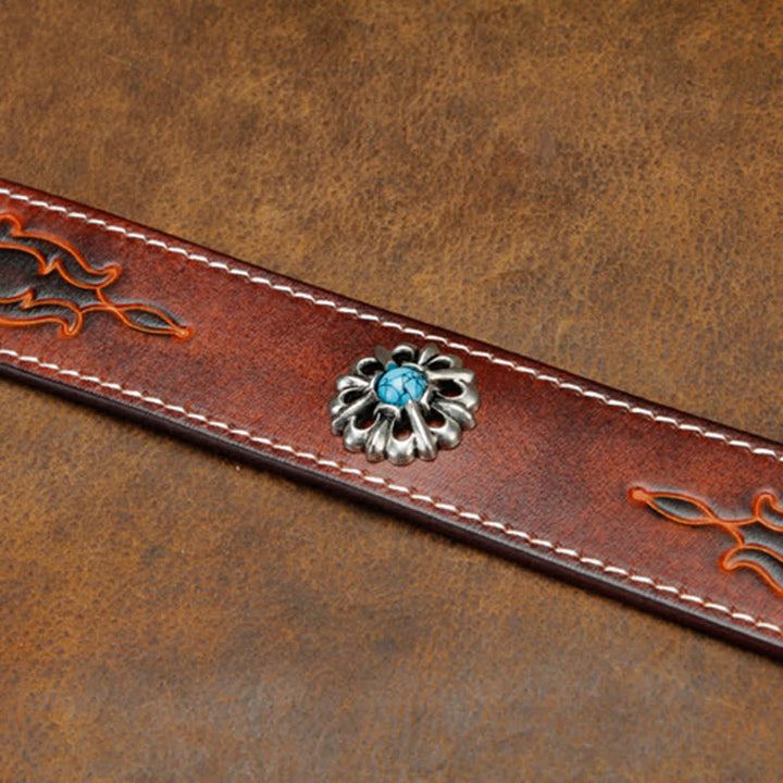 Cintura unisex retrò in pelle con fiori turchesi marroni