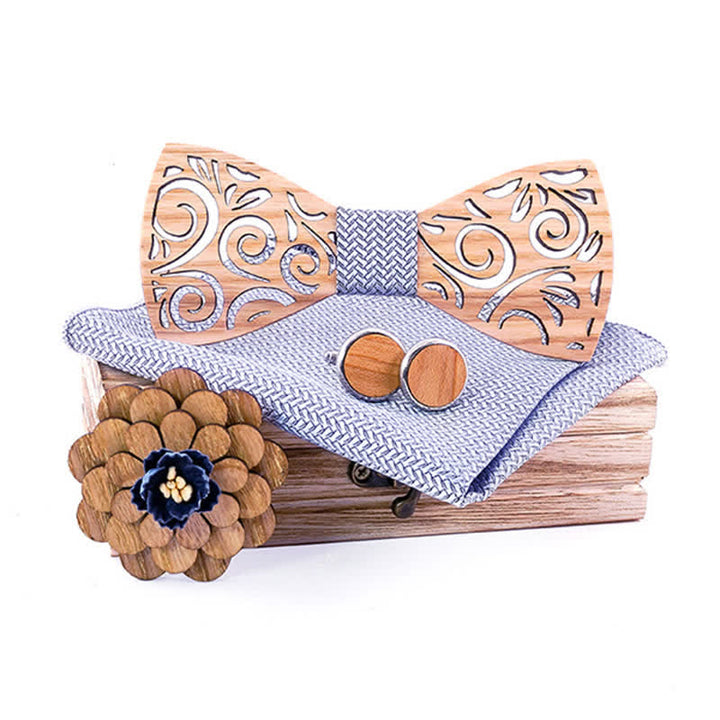 Set di 4 papillon in legno con motivo a foglia cava da uomo