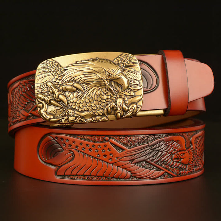 Cintura in pelle con fibbia automatica Eagle Wings Vintage da uomo - Marrone / Oro - 46 - image 0