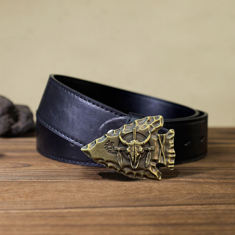 Cintura in pelle con fibbia a forma di toro a forma di punta di freccia fai da te da uomo - Bronzo antico - Cintura PU nera (40) - image 6