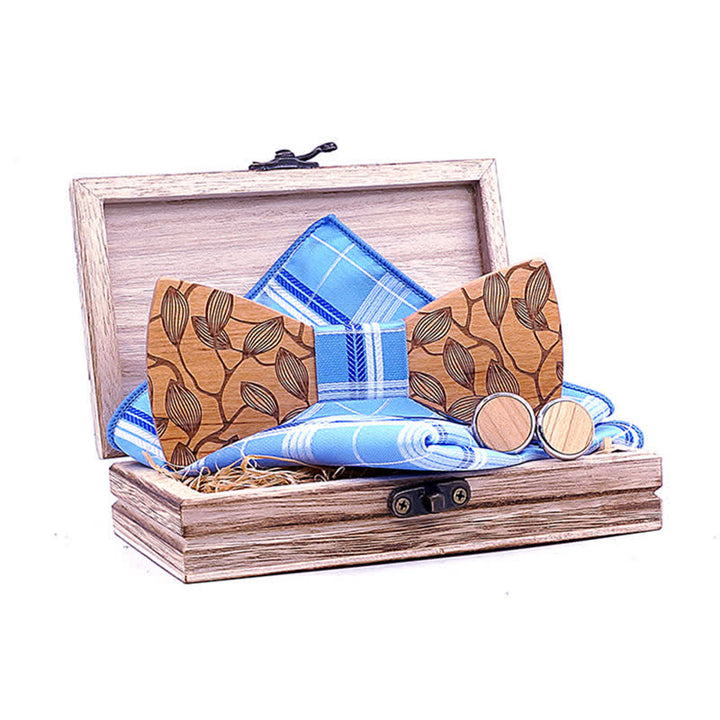Set di 3 papillon in legno con motivo a foglia da uomo