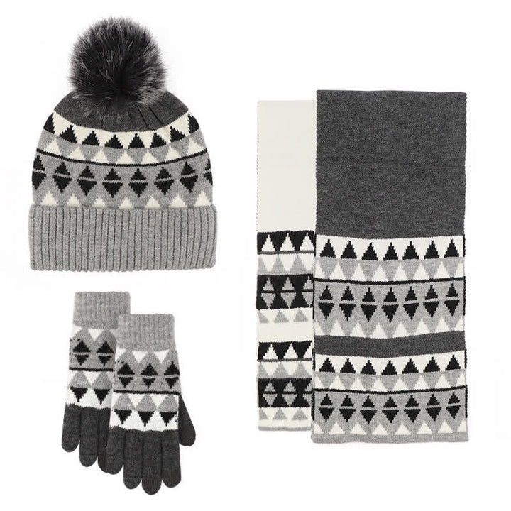 Set di 3 cappelli, sciarpe e guanti con motivo a triangolo da donna