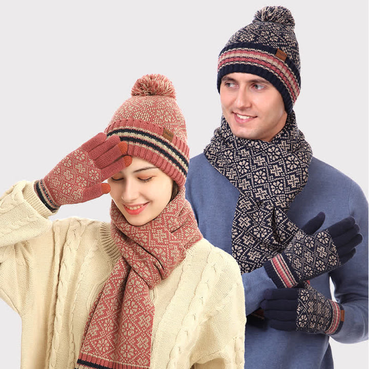 Set di 3 guanti touchscreen unisex con cappello e sciarpa a fiocco di neve