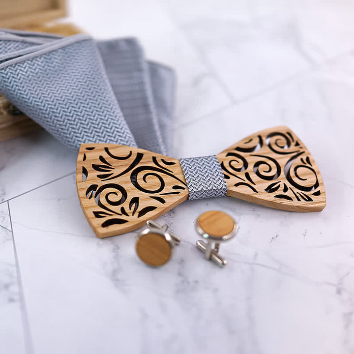 Set di 4 papillon in legno con motivo a foglia cava da uomo