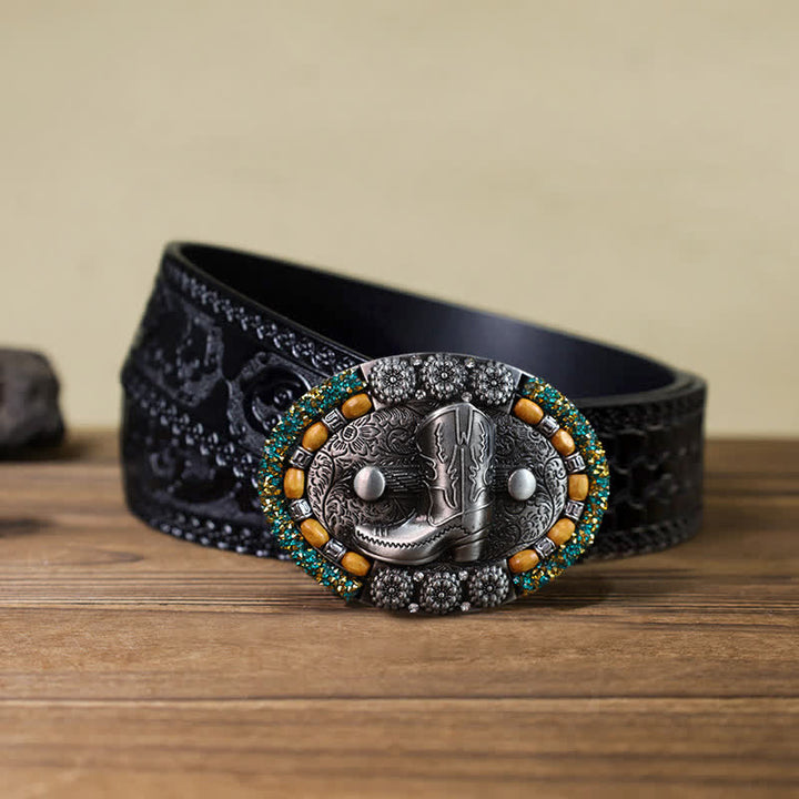 Cintura in pelle con fibbia per stivali con perline di legno e strass fai da te da uomo