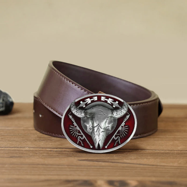 Cintura in pelle con fibbia a forma di teschio di toro a tema indiano fai da te da uomo - Rosso scuro - Cintura PU marrone (40) - image 8