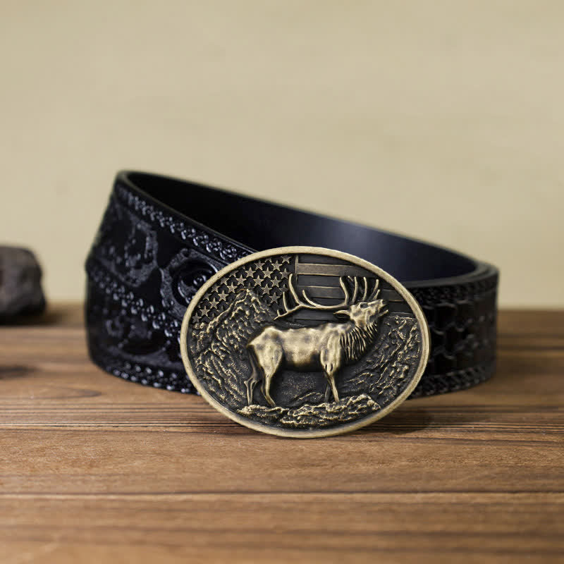 Cintura in pelle fai da te con fibbia della bandiera americana a forma di cervo e alce da uomo - Bronzo antico - Cintura nera intagliata (40) - image 16
