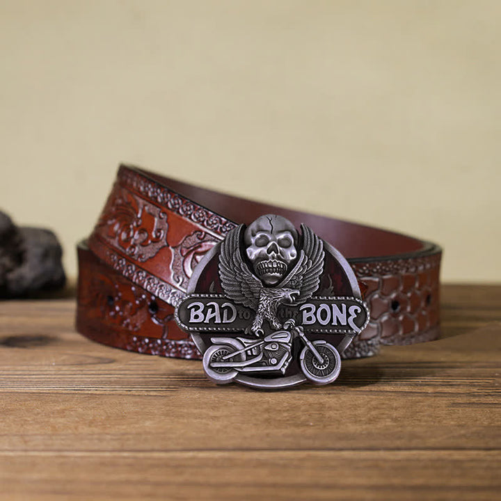 Cintura in pelle con fibbia Bad To The Bone da motociclista con teschio d'aquila fai da te da uomo - Ritorno all'osso - Cintura marrone intagliata (40) - image 11