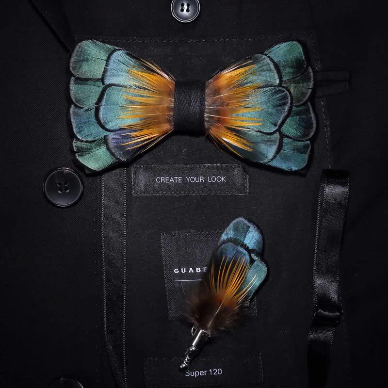 Papillon con piume di girasole verde e arancione per bambini con spilla da bavero