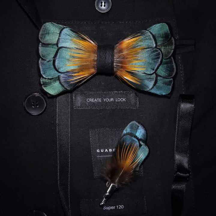 Papillon con piume di girasole verde e arancione per bambini con spilla da bavero
