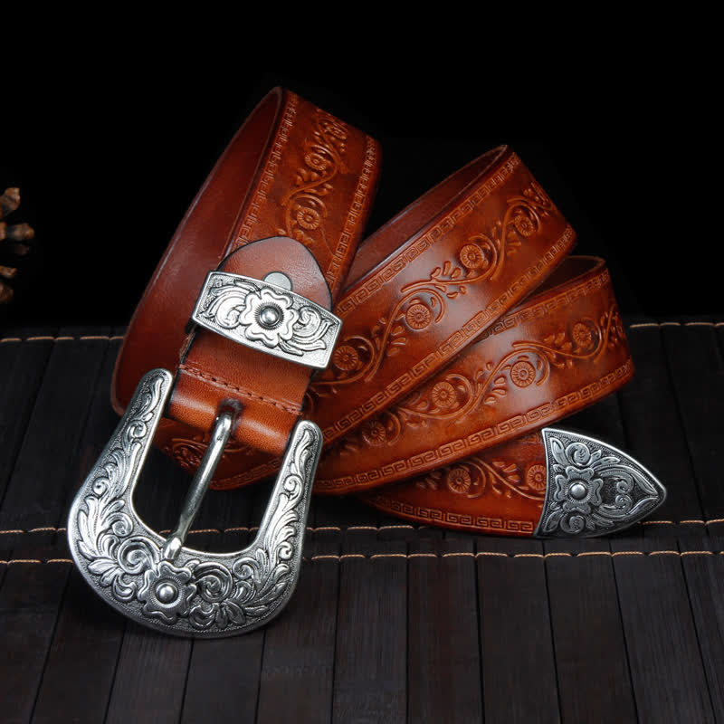 Cintura unisex in pelle con stampa floreale e texture rustica
