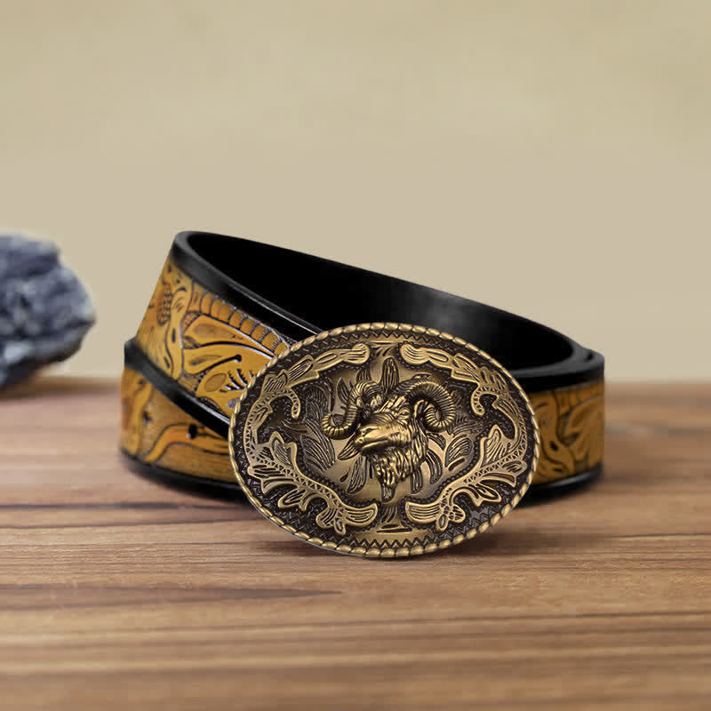 Cintura in pelle con fibbia a forma di testa di capra selvatica in bronzo fai da te da uomo