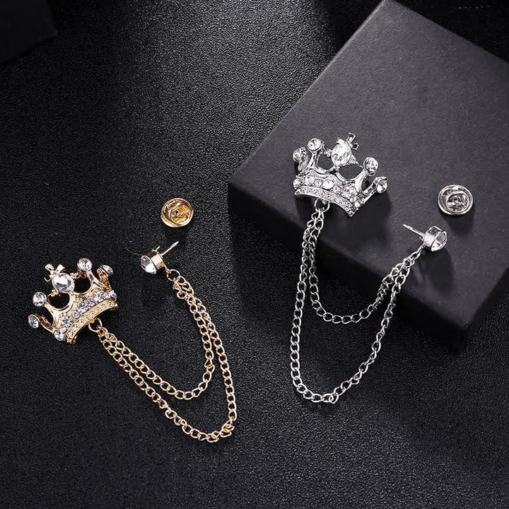 Spilla da uomo con catena a corona retrò e strass