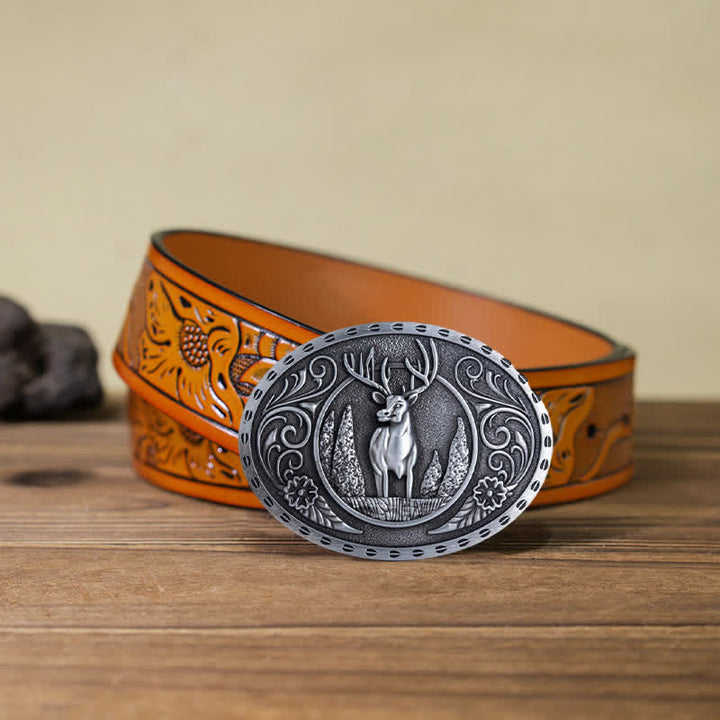 Cintura in pelle con fibbia ovale fai da te da uomo a forma di cervo della foresta - Argento antico - Cintura intagliata arancione (40) - image 23