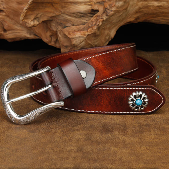 Cintura unisex retrò in pelle con fiori turchesi marroni