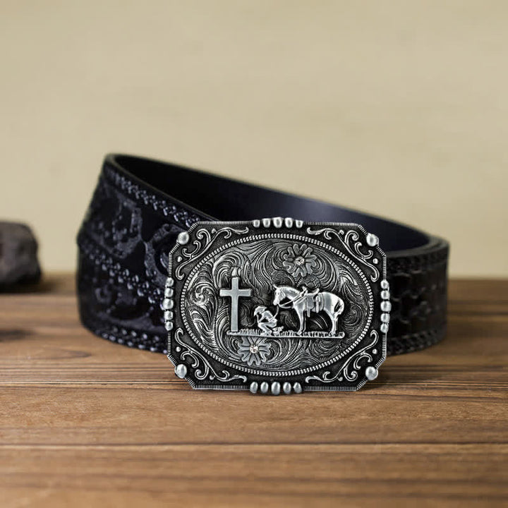 Cintura in pelle fai da te da uomo con fibbia per preghiera inginocchiata a forma di croce di cavallo