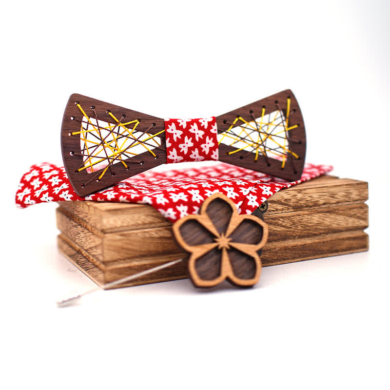 Set di 3 papillon in legno ricamati e intrecciati da uomo