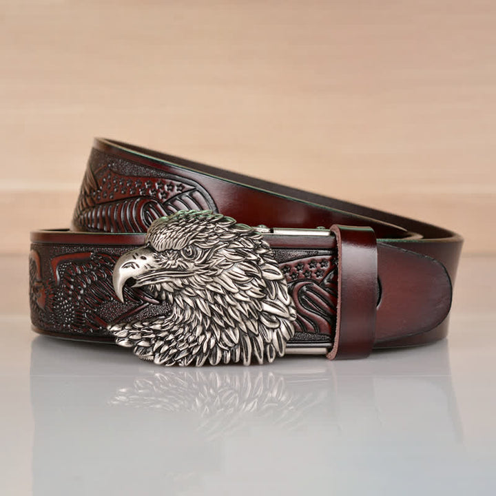 Cintura in pelle con fibbia automatica a forma di testa d'aquila intricata da uomo