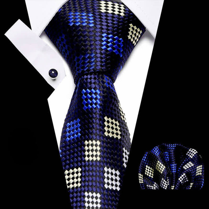 Set di 3 cravatte a scacchi blu navy e gialle da uomo