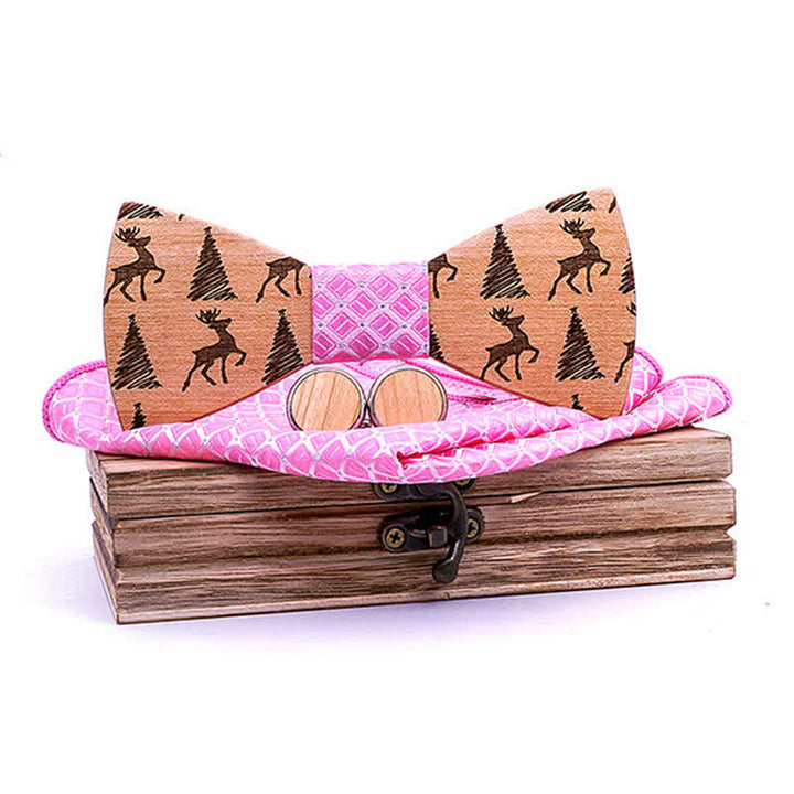 Set di 3 papillon in legno con motivo a cervo e albero di Natale da uomo