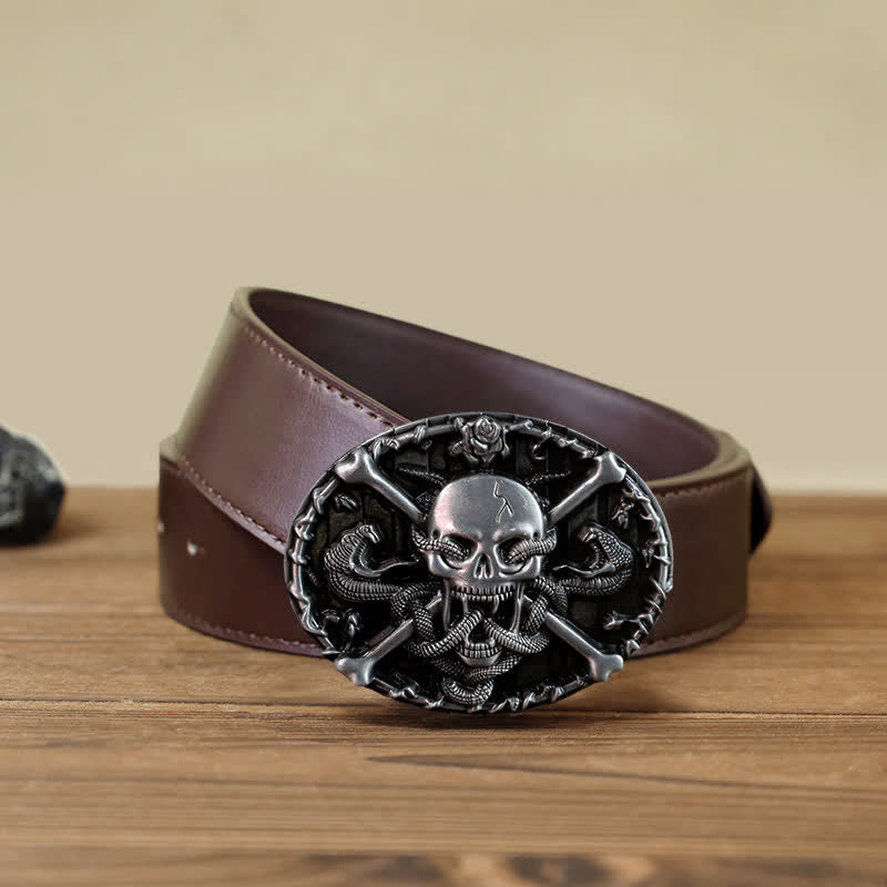 Cintura in pelle con fibbia a serpente con teschio e croce gotica fai da te da uomo - Cranio - Cintura PU marrone (40) - image 6
