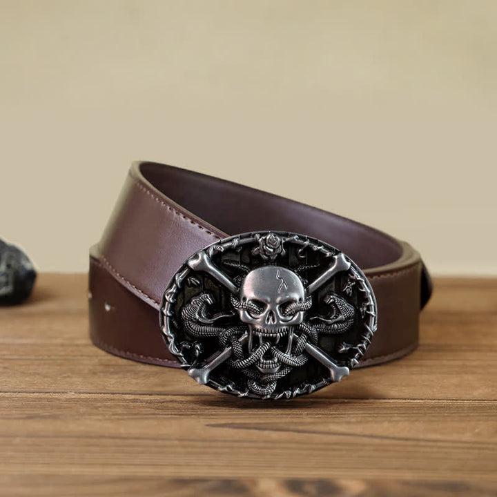 Cintura in pelle con fibbia a serpente con teschio e croce gotica fai da te da uomo - Cranio - Cintura PU marrone (40) - image 6