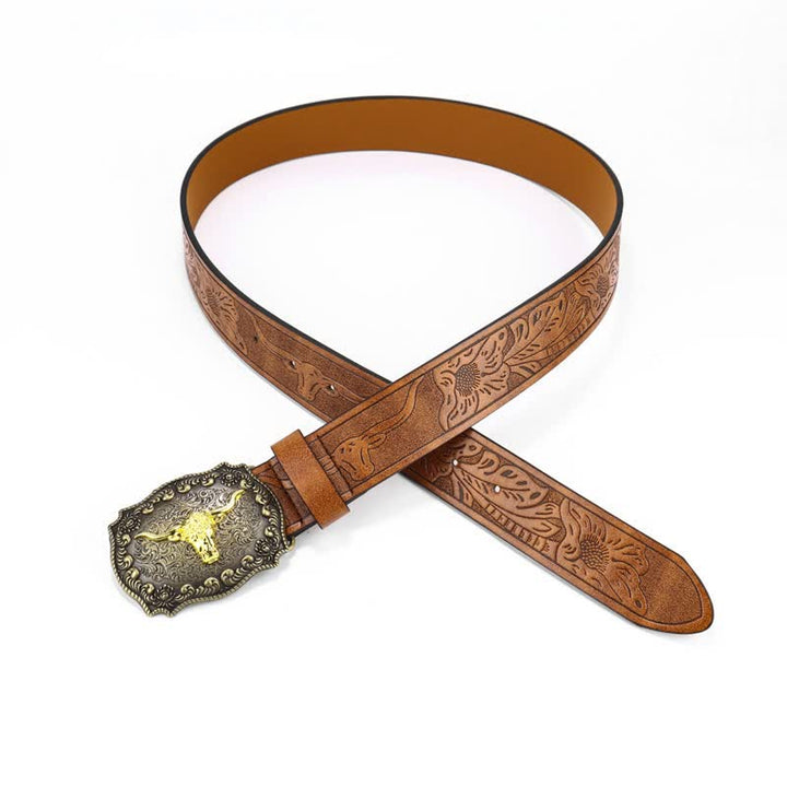 Cintura in pelle con fiore di toro inciso quadrato da uomo