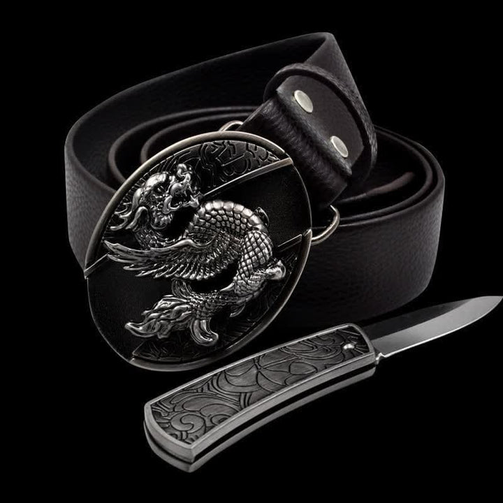 Cintura in pelle da uomo con drago volante e coltello pieghevole