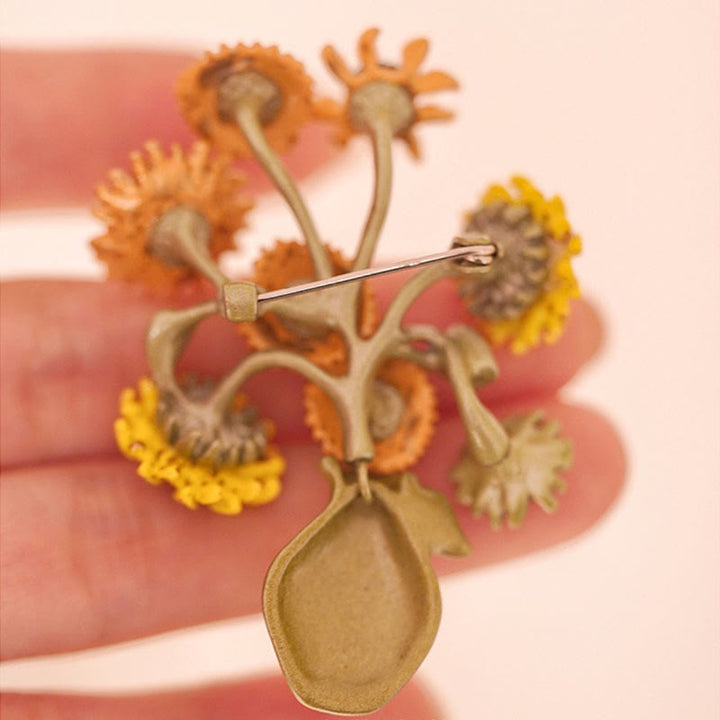 Spilla da donna a forma di vaso di girasole in smalto