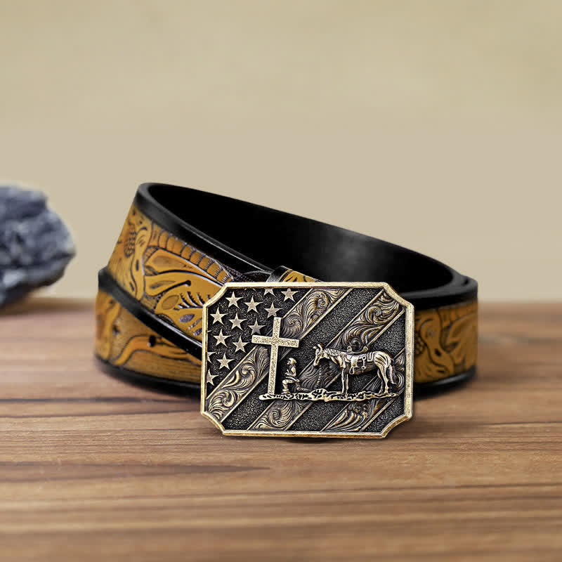 Cintura in pelle fai da te da uomo con fibbia a forma di cavallo con croce e bandiera americana