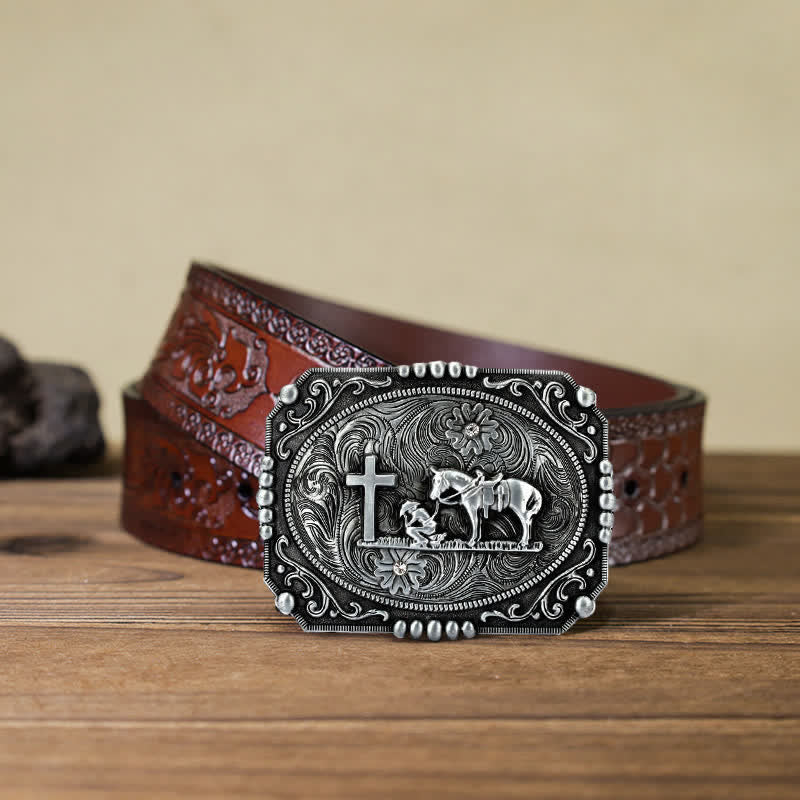 Cintura in pelle fai da te da uomo con fibbia per preghiera inginocchiata a forma di croce di cavallo